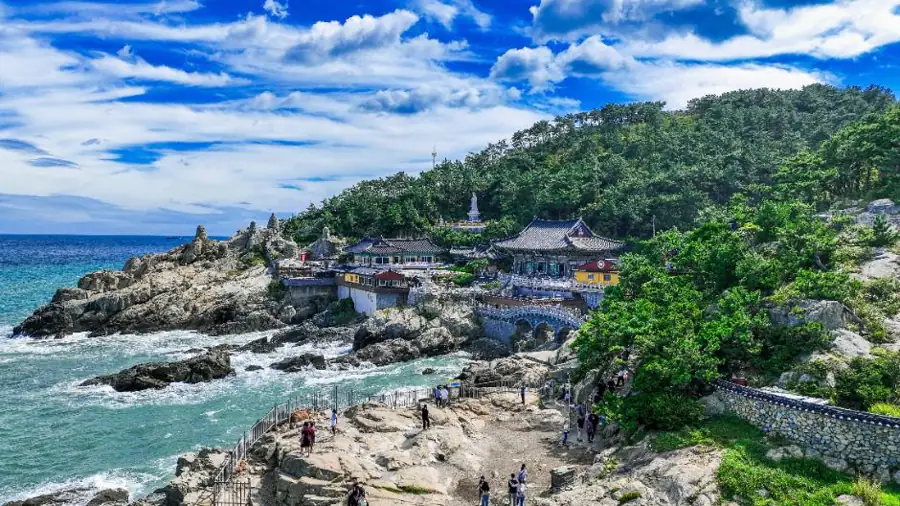 Haedong Yonggungsa Temple buildings and a stone bridge set directly against Busan's rocky coast and waves