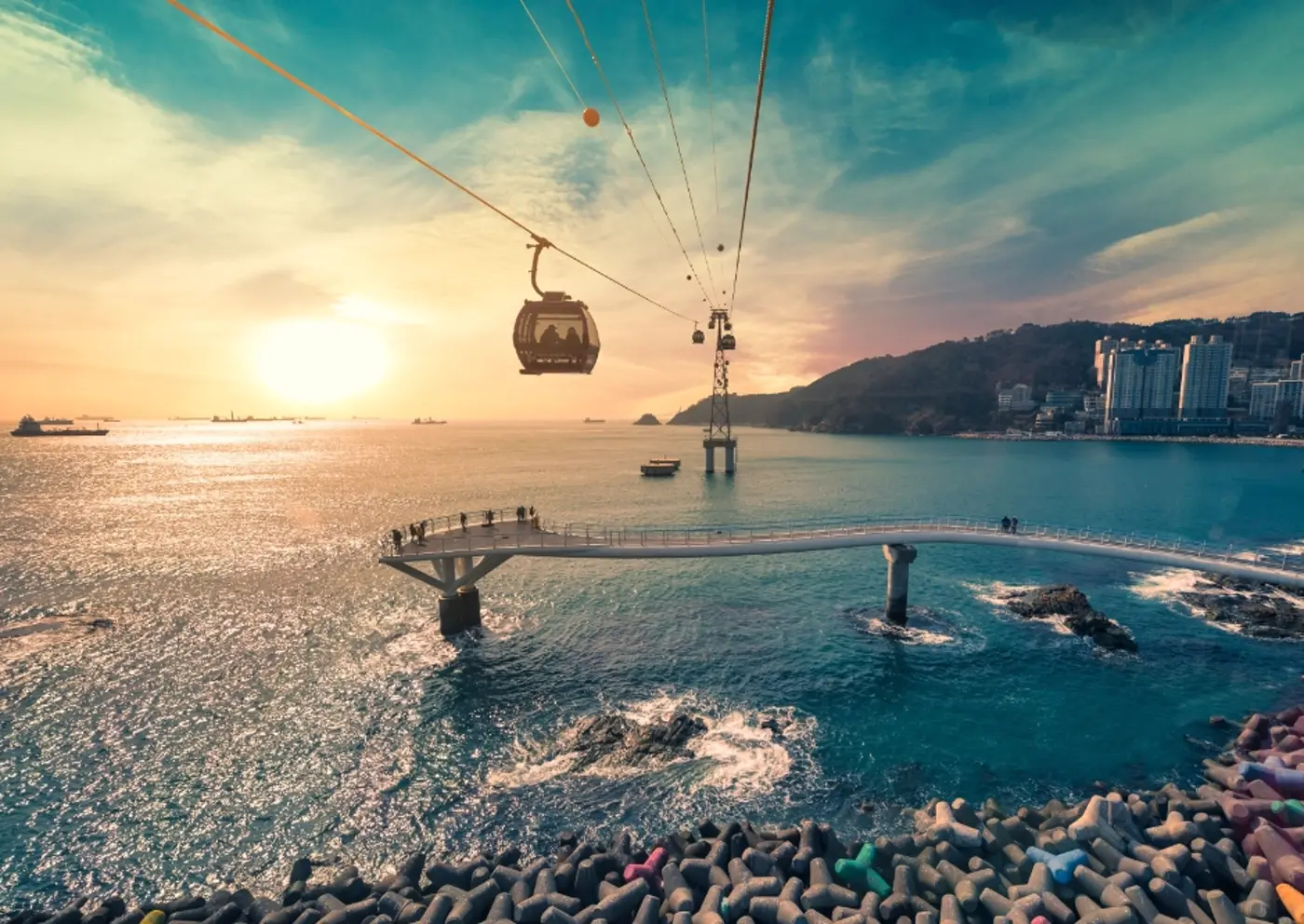Songdo Marine Cable Car cabins crossing the sea in Busan