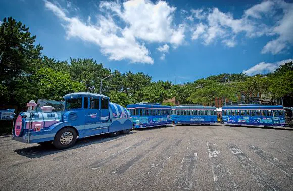 Blue Danubi sightseeing train waiting inside Taejongdae Park