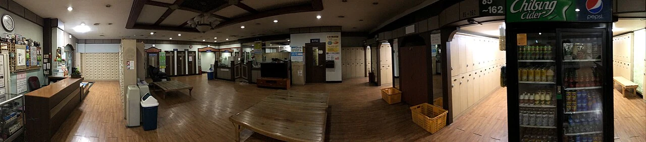 A real-night view of a Korean jjimjilbang common area