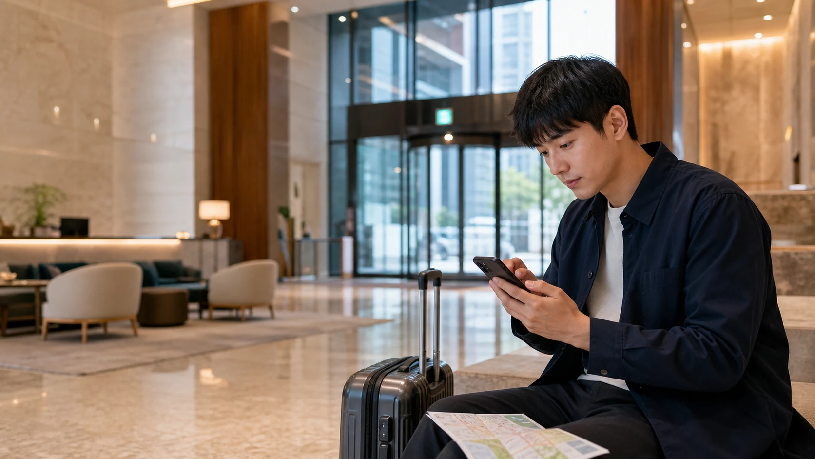 A traveler in a Seoul hotel lobby checking network settings on an Android phone