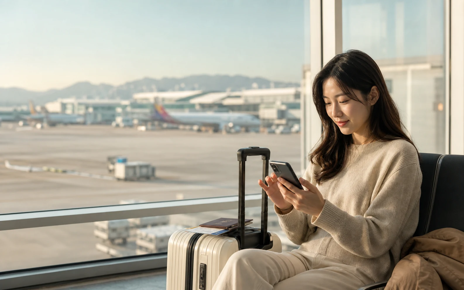 Traveler switching a phone eSIM beside luggage after arriving at a Korean airport