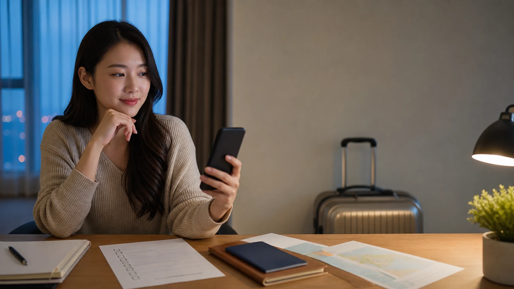 A traveler organizing a phone, travel documents, and luggage on a desk before departure, preparing to check a Korea eSIM