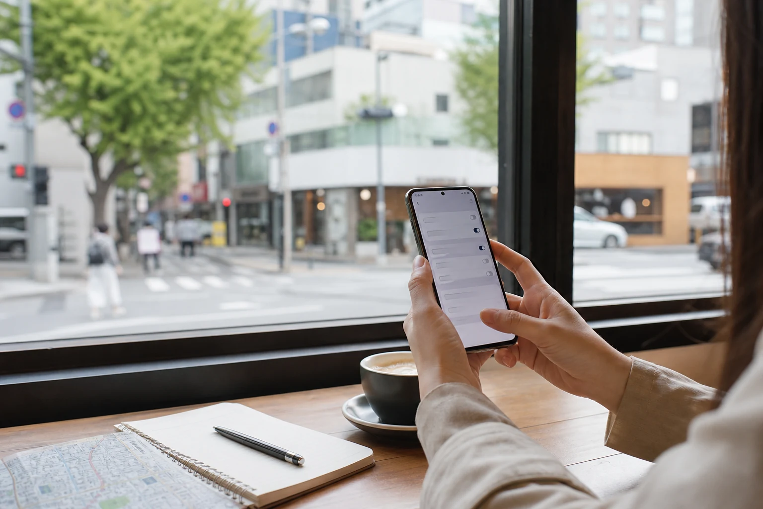 A traveler in a Seoul café checking eSIM compatibility on an Android phone
