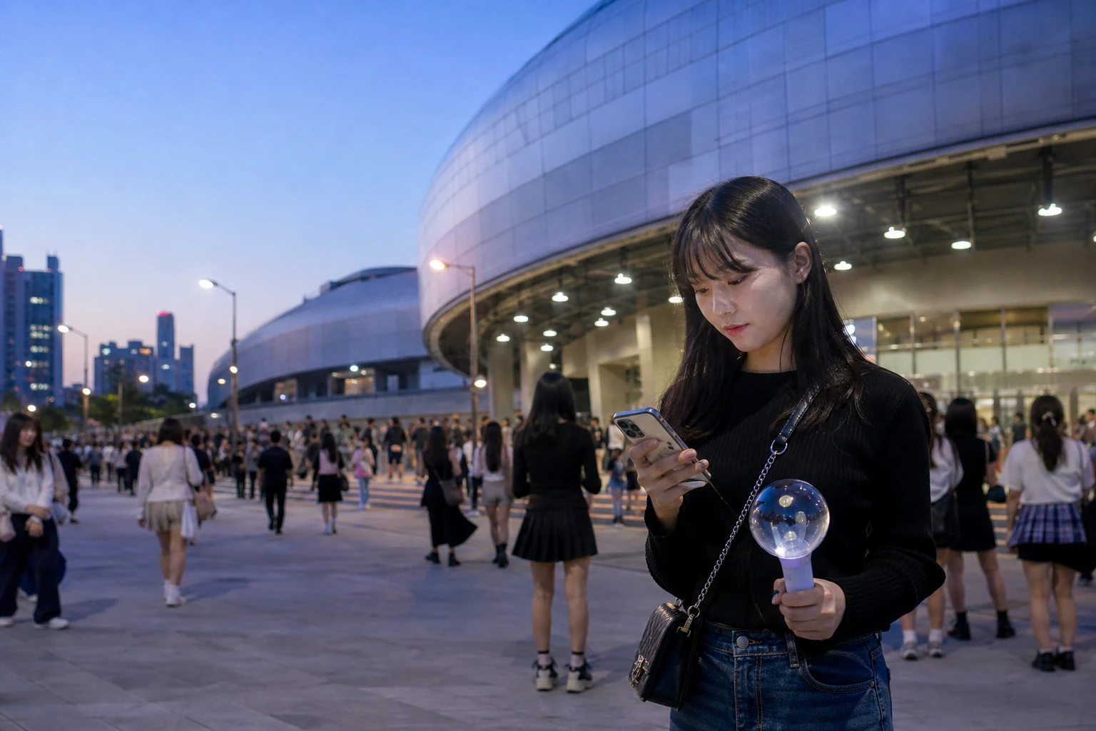 Travelers checking their phones outside a venue in Korea after a concert lets out