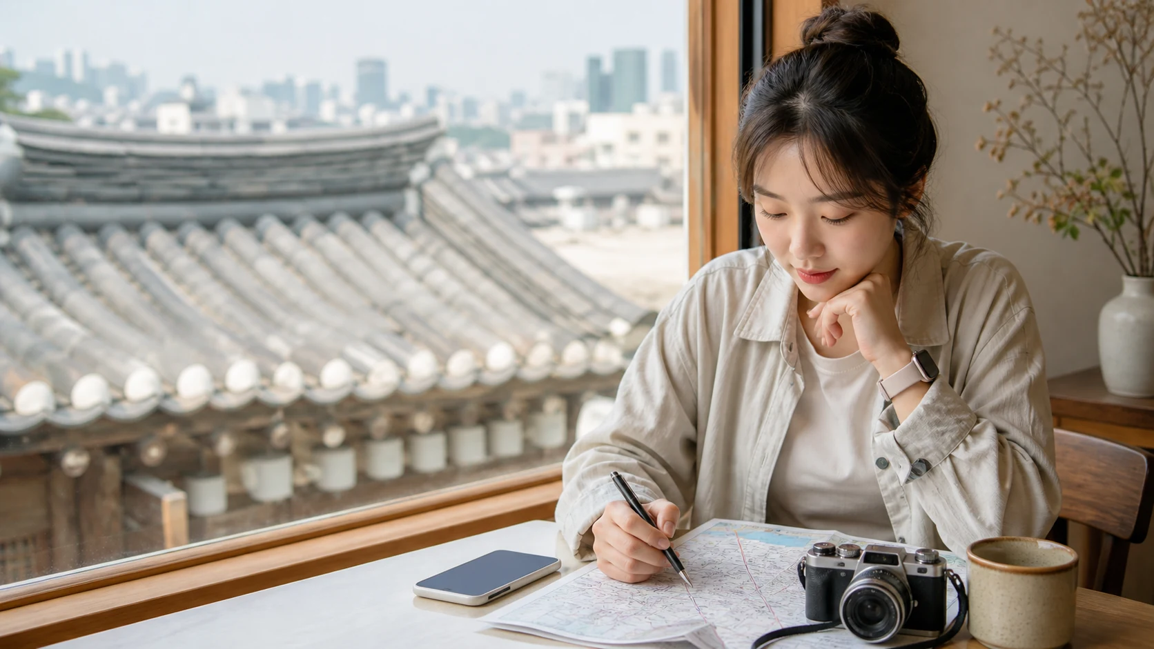 A traveler in a Seoul café using a phone beside a camera and map, showing the kind of travel situation used to estimate eSIM data usage