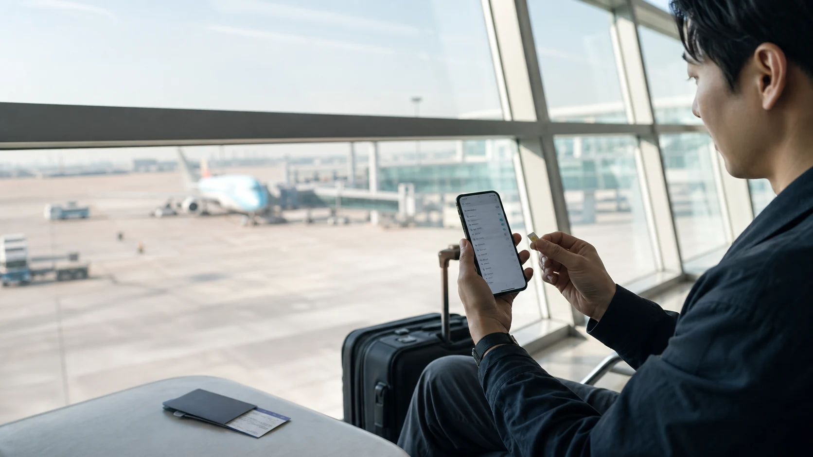 Traveler preparing a dual-SIM phone and Korea eSIM settings at the airport