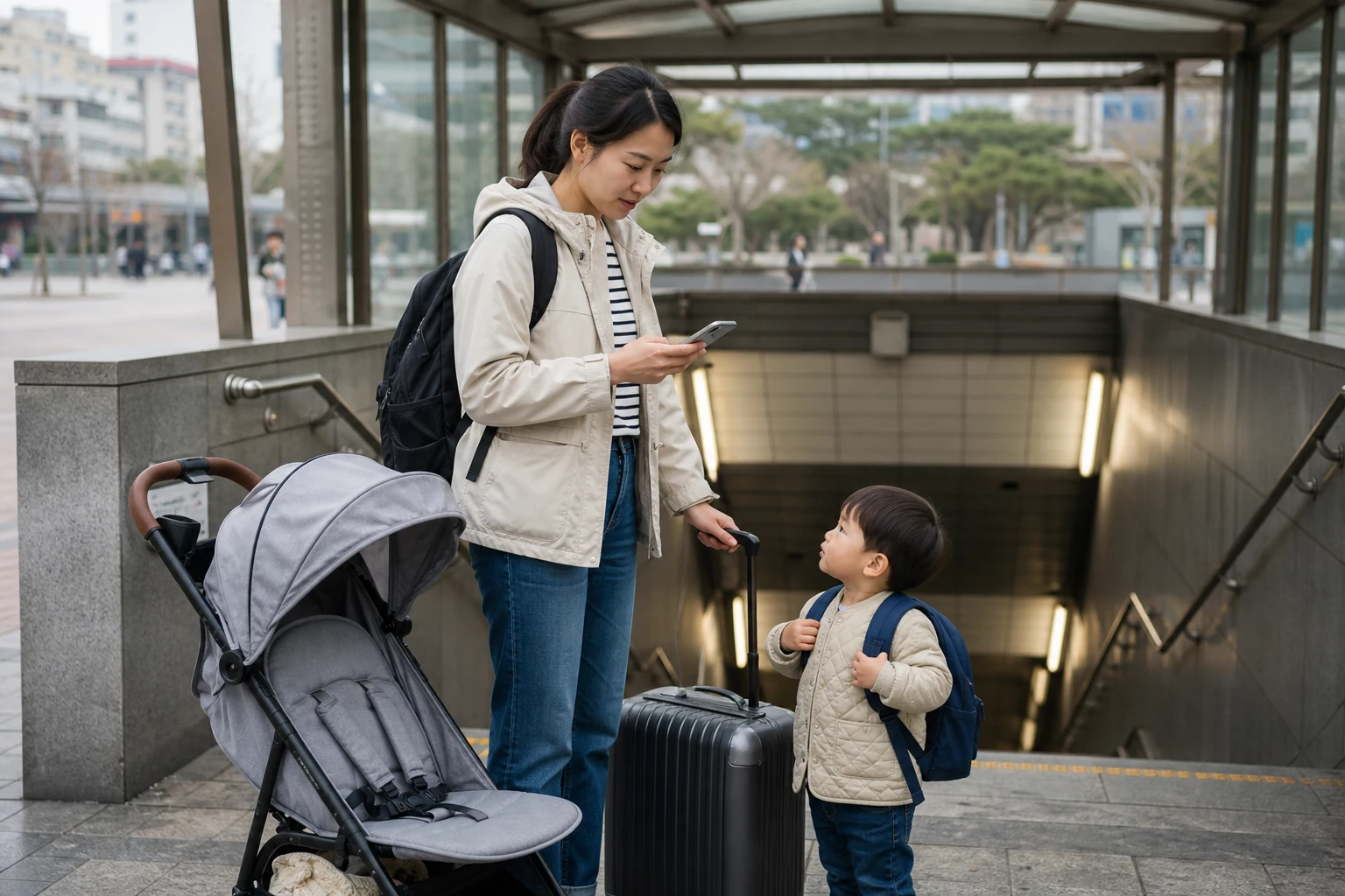 Parents with children and a stroller checking phone navigation at a Seoul subway entrance