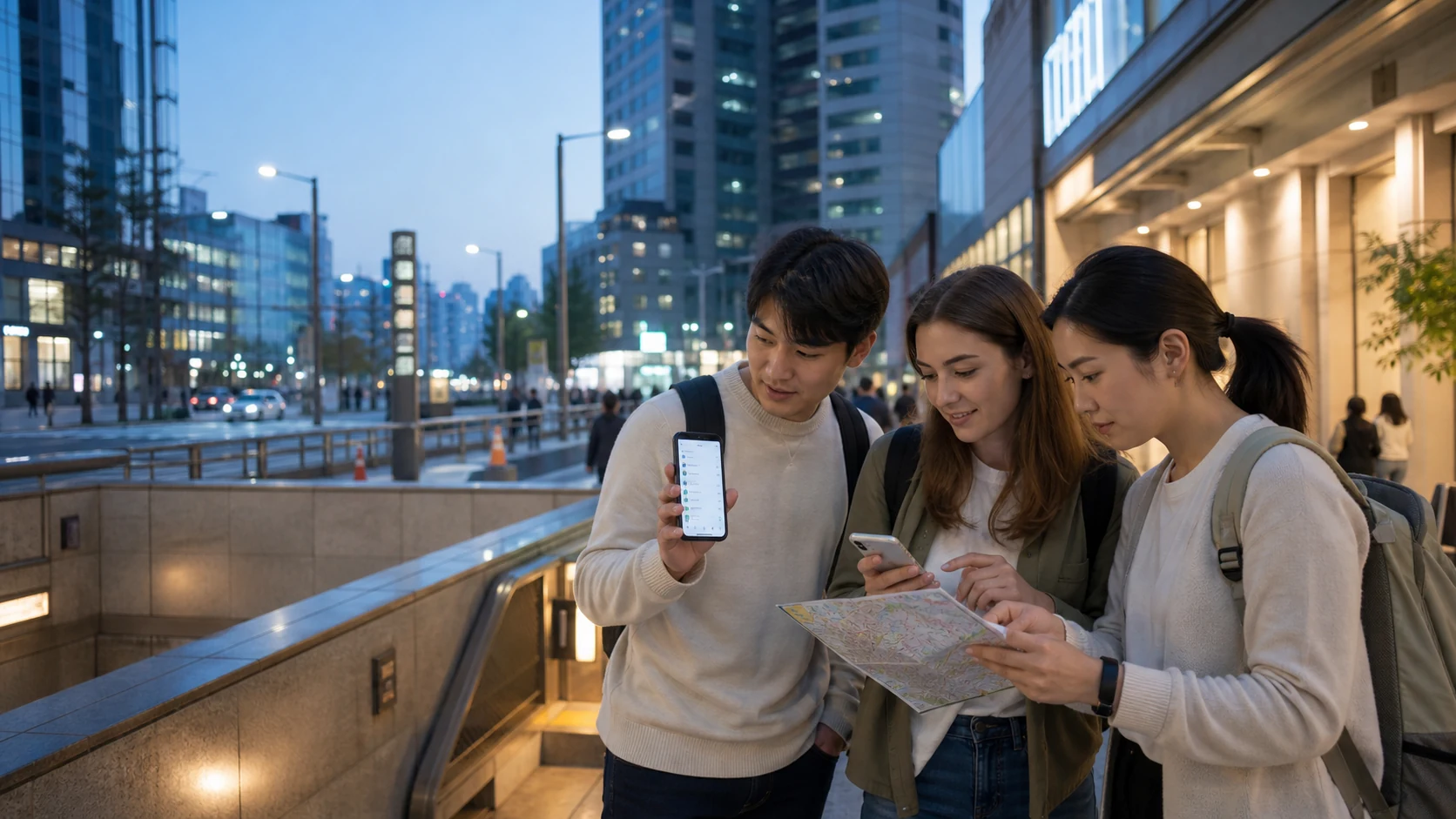 Three travelers check their phones’ hotspot and maps outside a Seoul subway station.