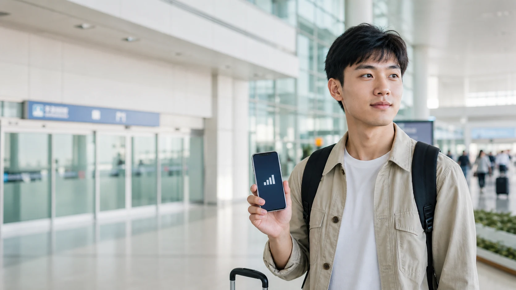 Traveler using a phone at Incheon Airport to check travel internet in Korea