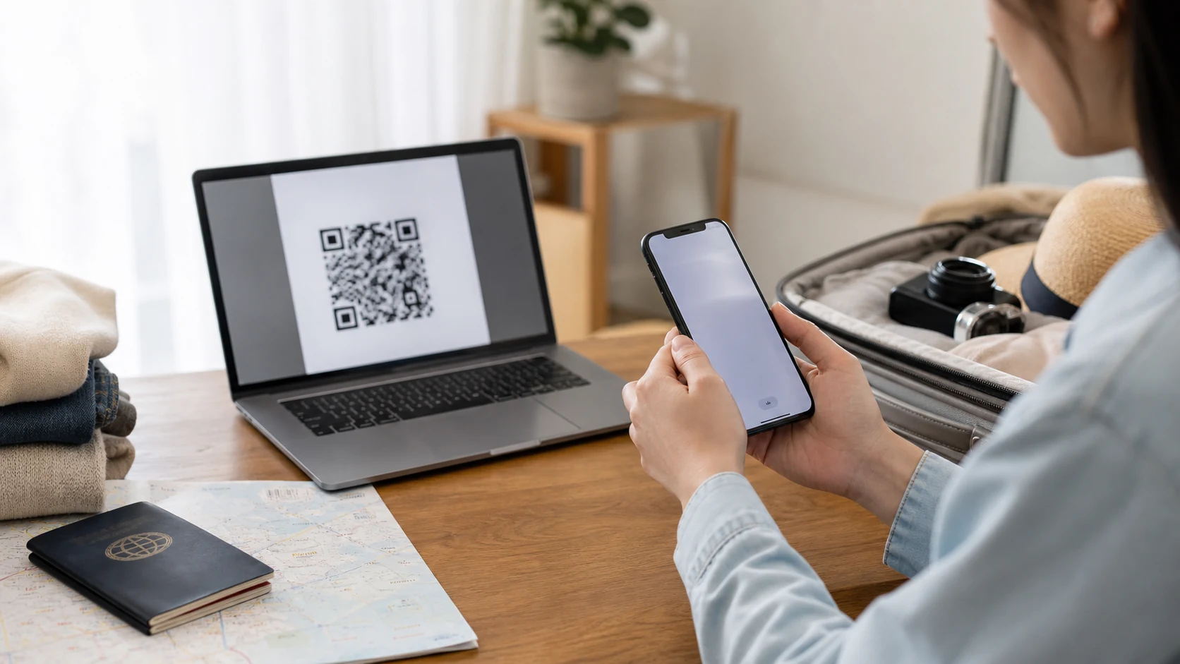 Traveler scanning an eSIM QR Code on an iPhone before departure