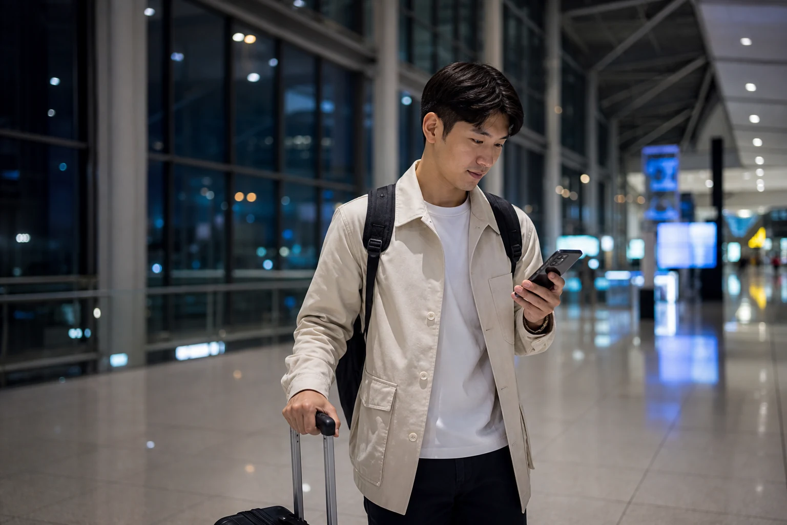A traveler arriving in Korea late at night checking a phone map at the airport