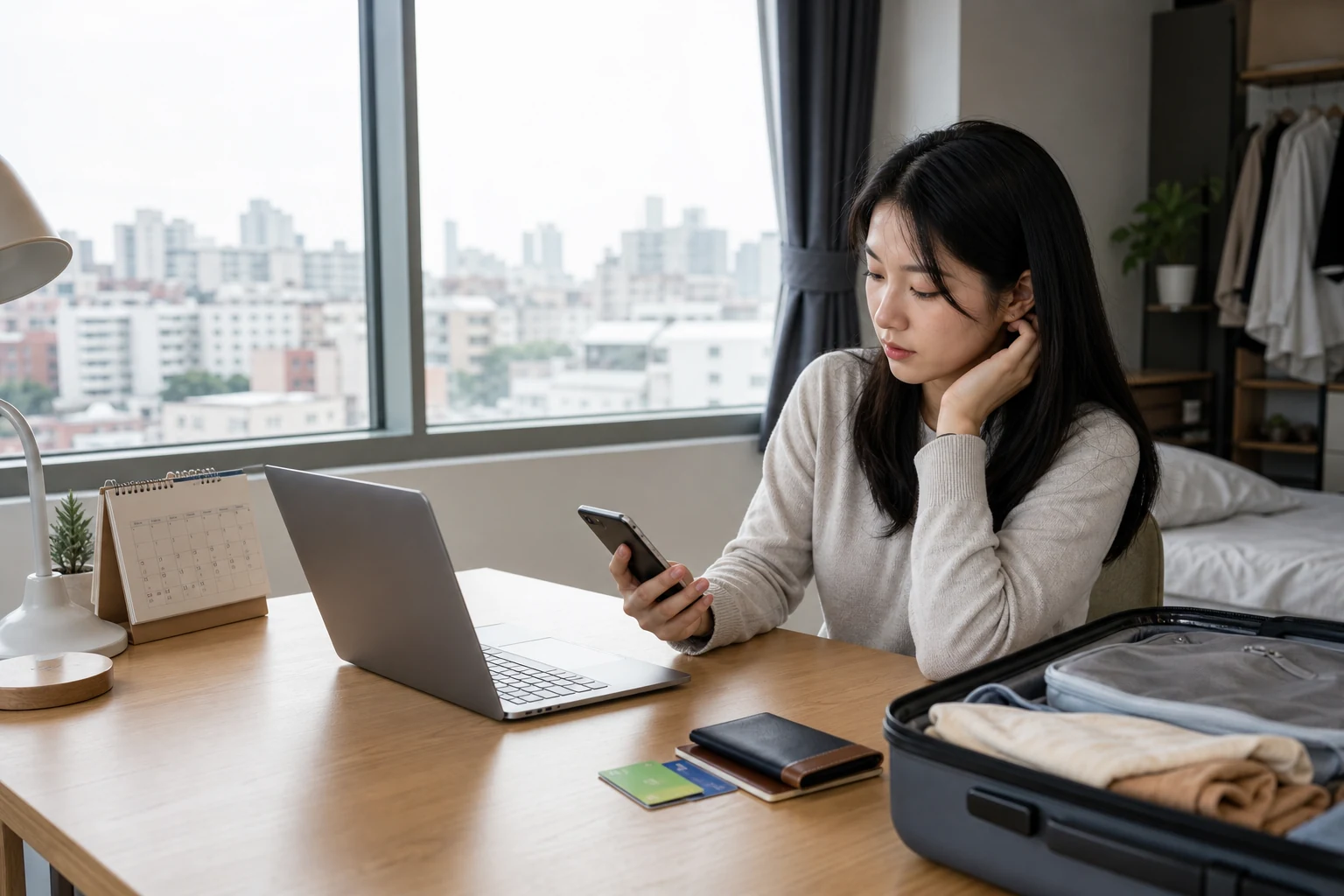 A traveler preparing for a long stay in Korea comparing mobile connectivity options at their accommodation