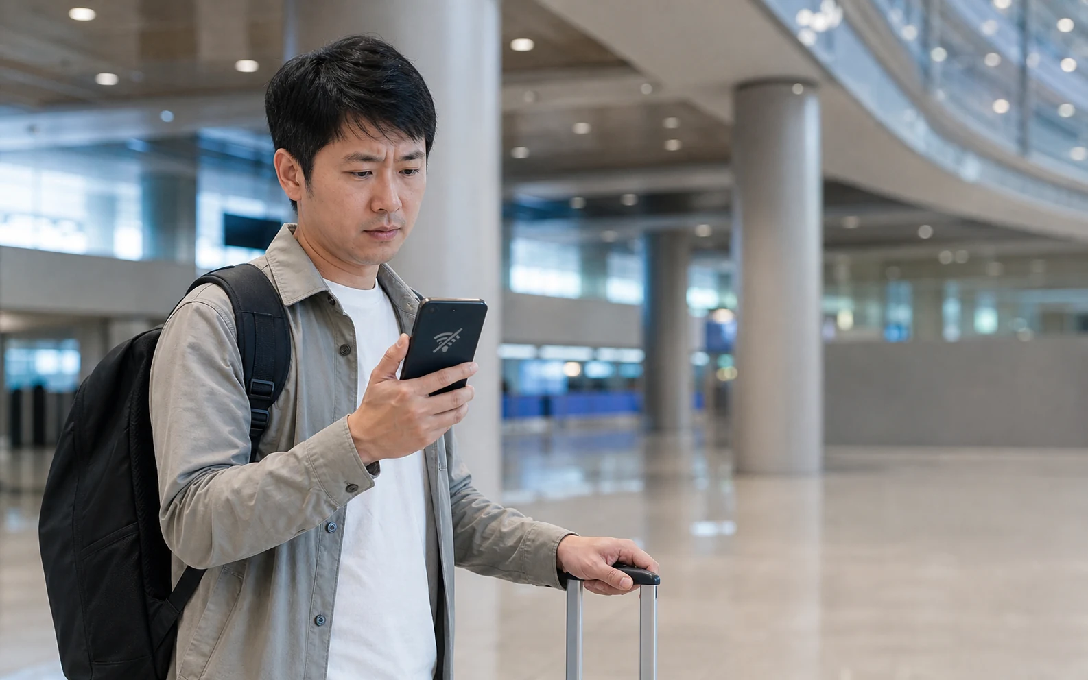 A traveler at a Korean airport checking a no-service icon and eSIM settings on a phone