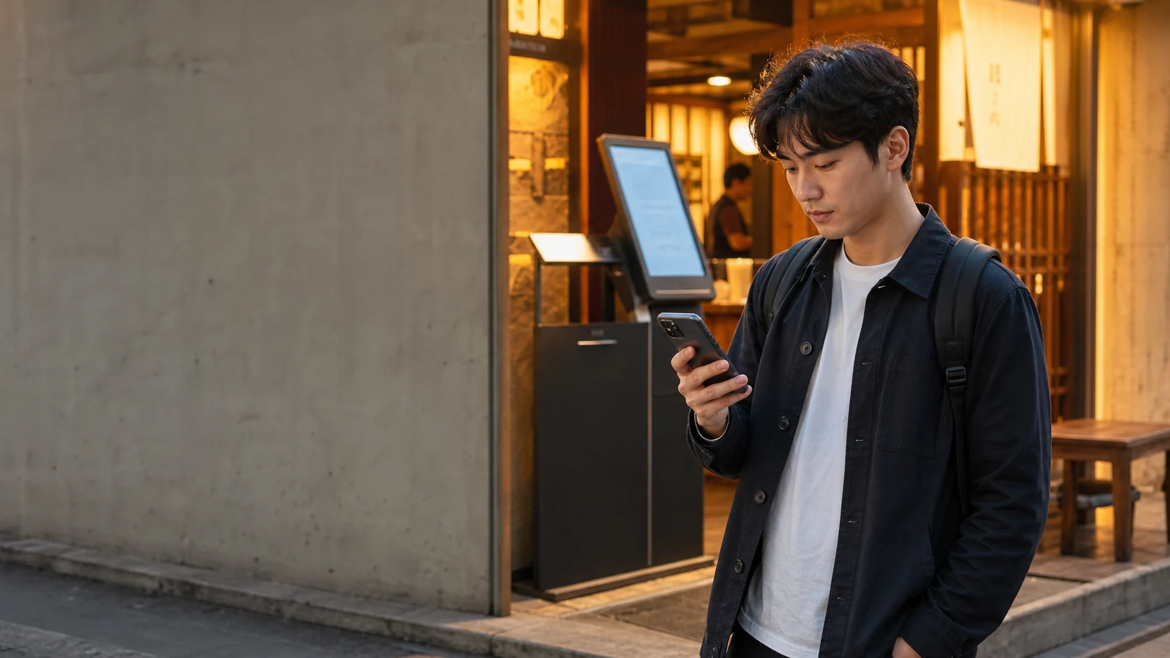 Traveler checking a phone and queueing device at a Seoul restaurant entrance