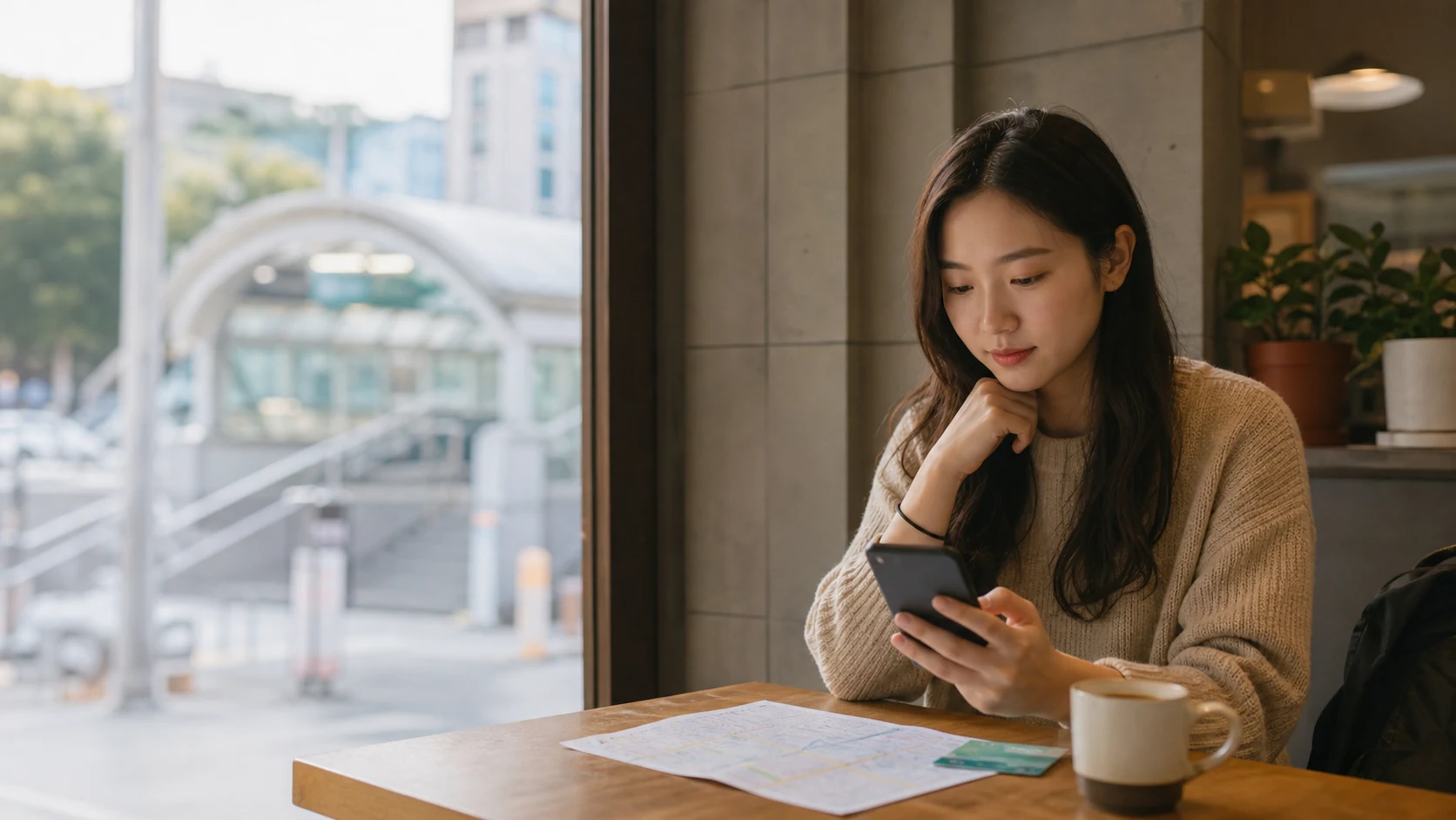 A traveler checking their phone and itinerary data at a Seoul café while choosing a Korea eSIM