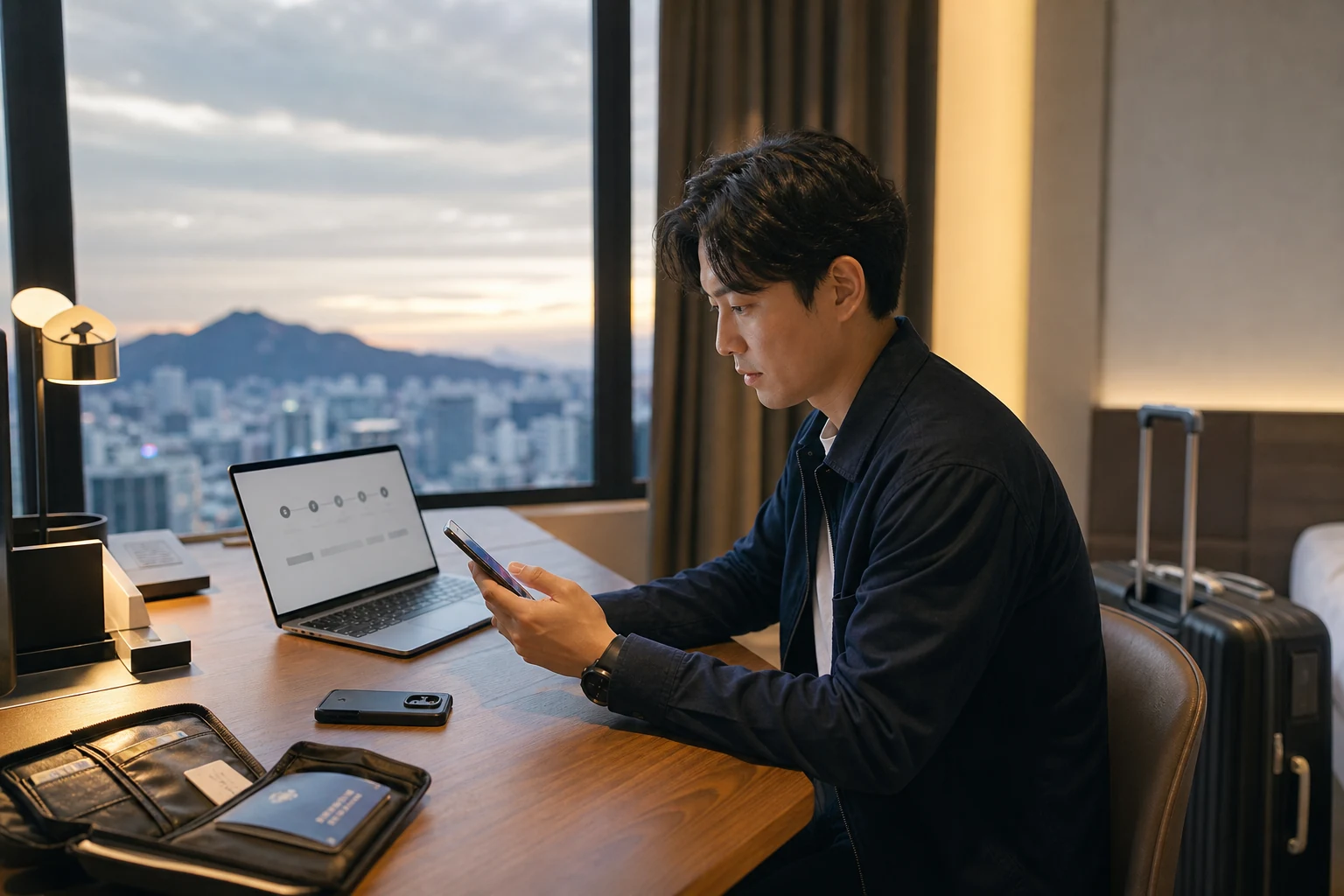 Traveler using a new phone and laptop inside accommodation in Korea to recover eSIM access