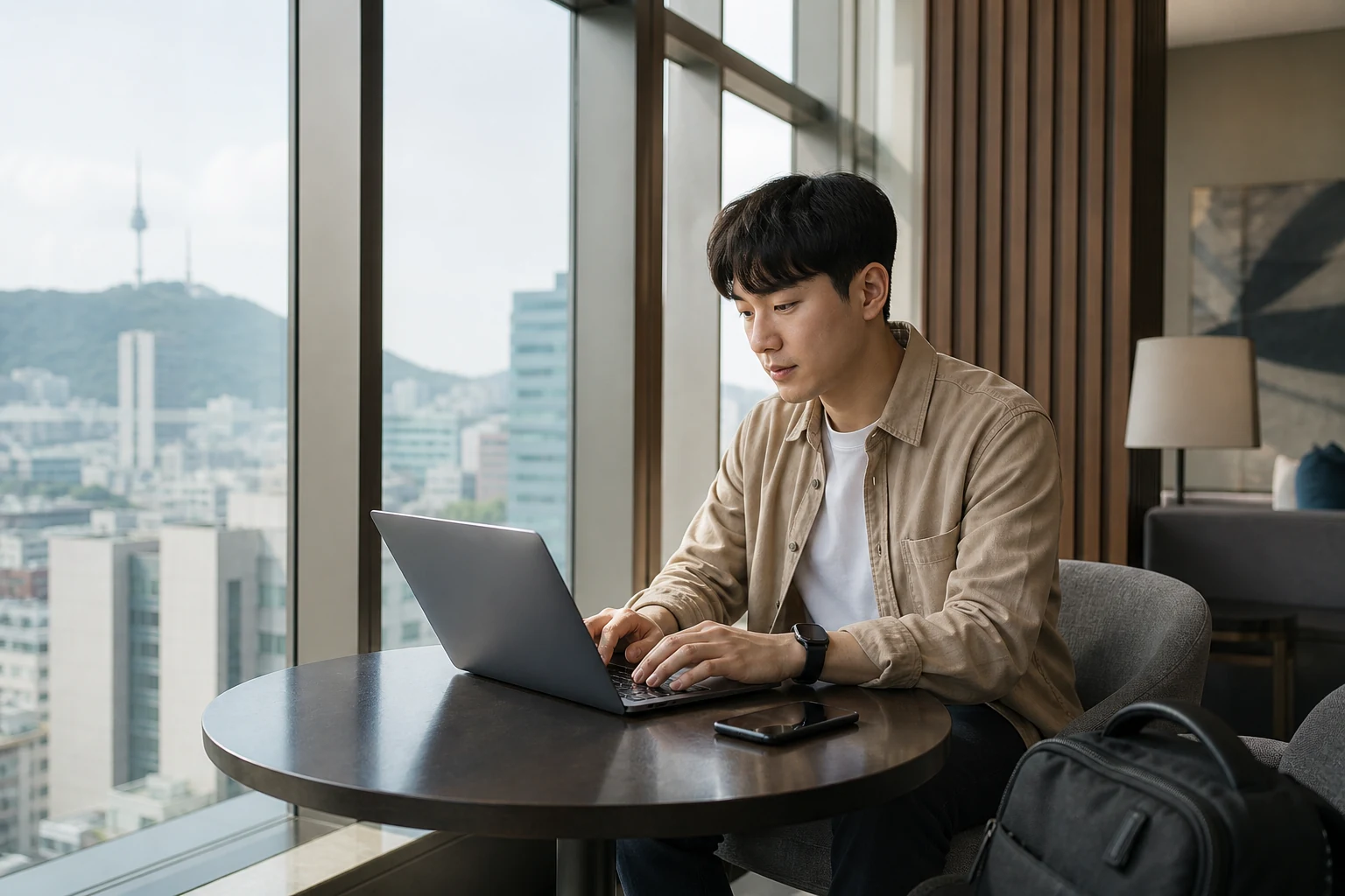 A traveler using a laptop and smartphone in a Seoul accommodation
