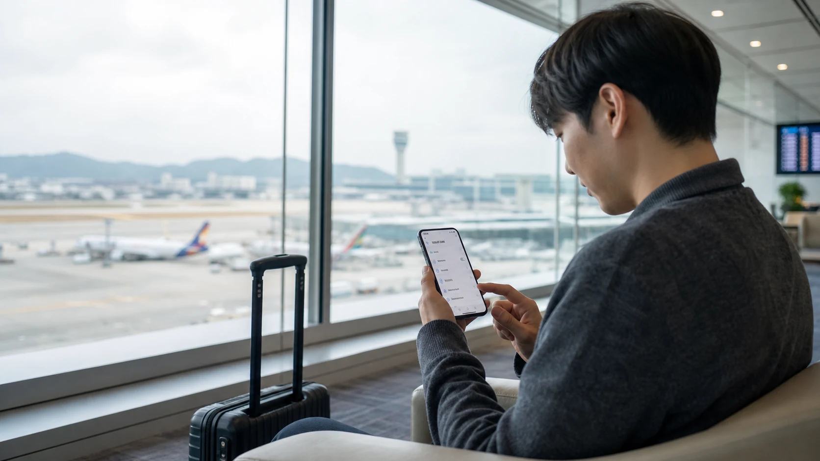 A traveler setting up a Korea eSIM on a Samsung phone at the airport
