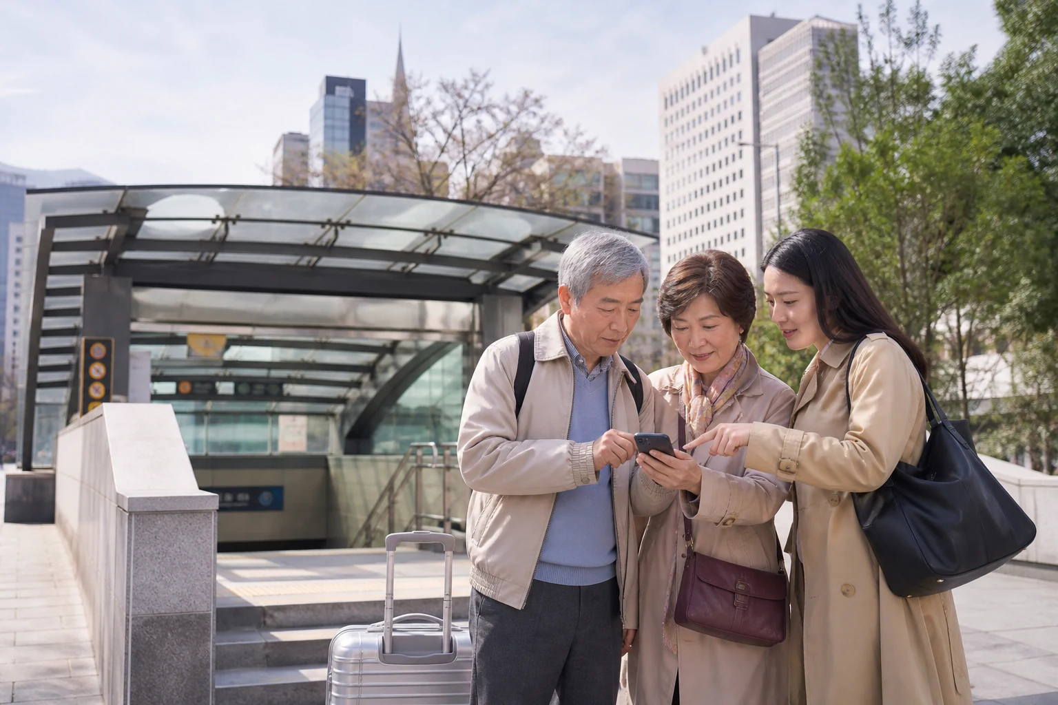 Adult child and an older family member checking a phone map at a Seoul subway entrance