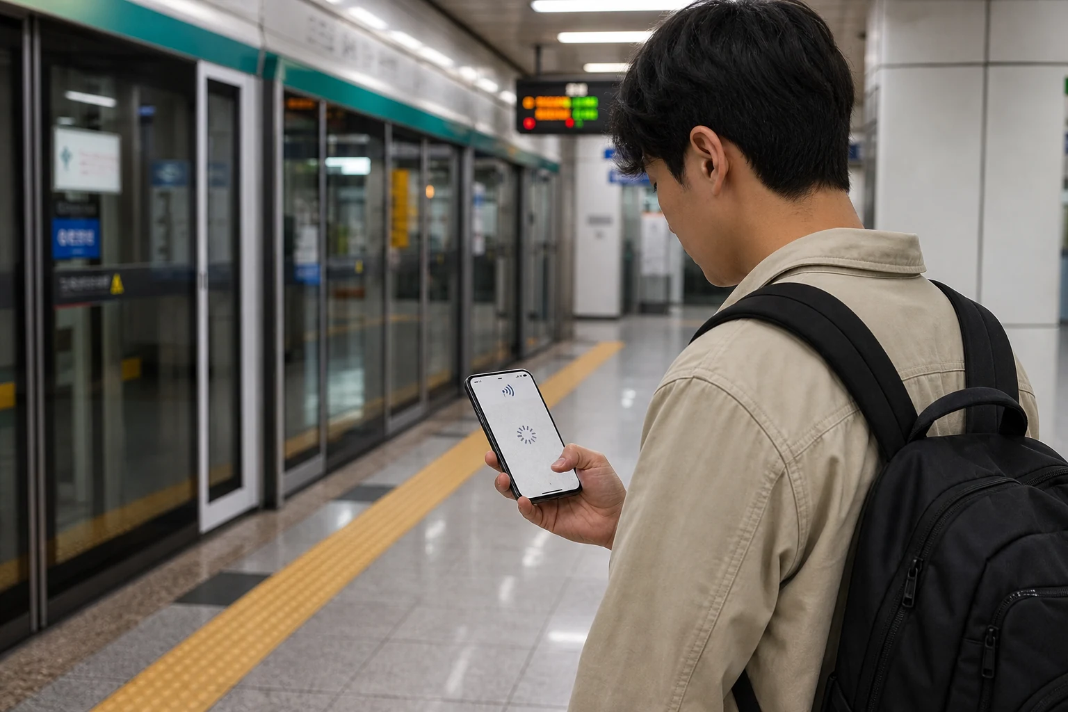 Traveler checking a phone at a Seoul subway station that has signal but won’t load maps