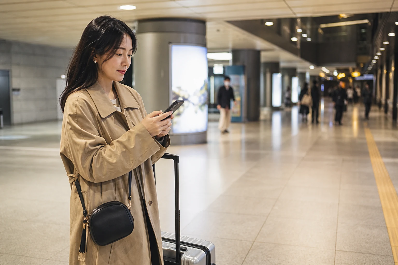 Solo traveler checking a phone route inside a Seoul subway station