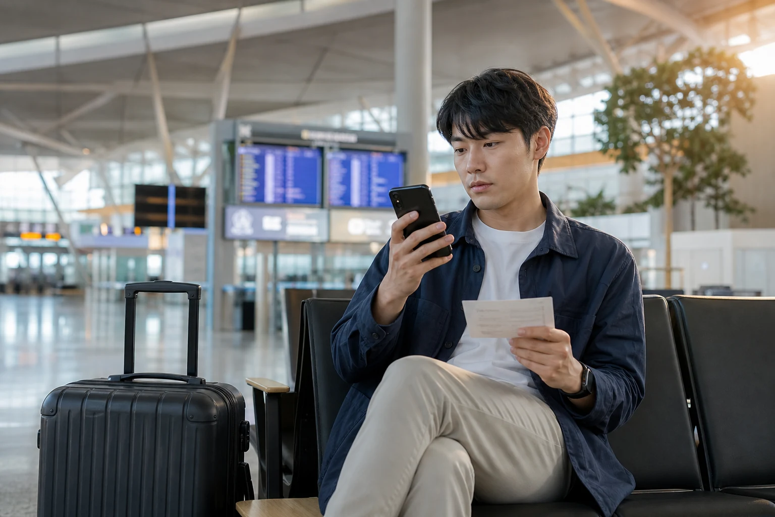 A traveler checking a phone and onward boarding details in a Korean airport transit area
