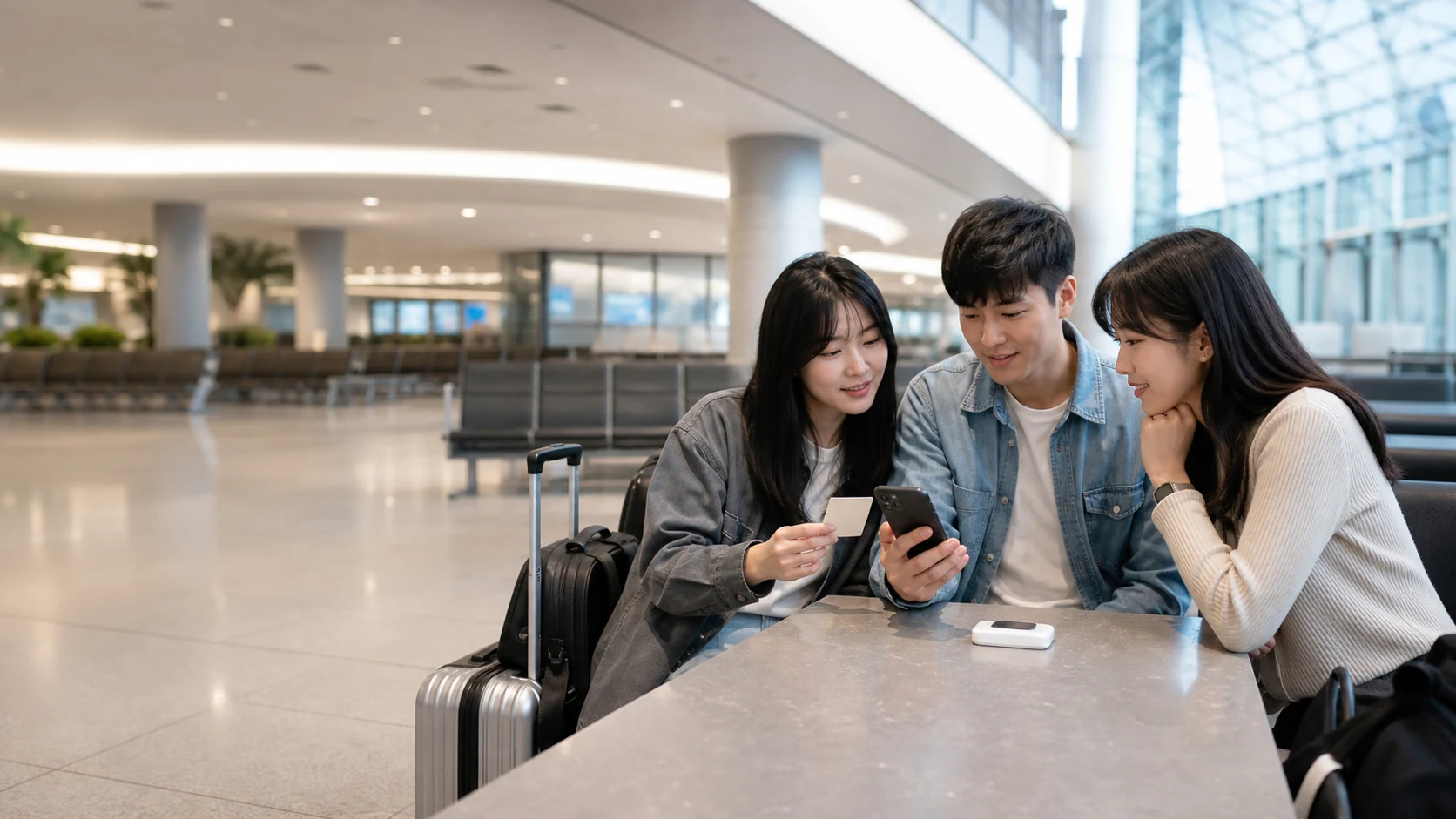 Travelers at Incheon Airport comparing Korea data options such as a phone, physical SIM card, and Wi‑Fi router
