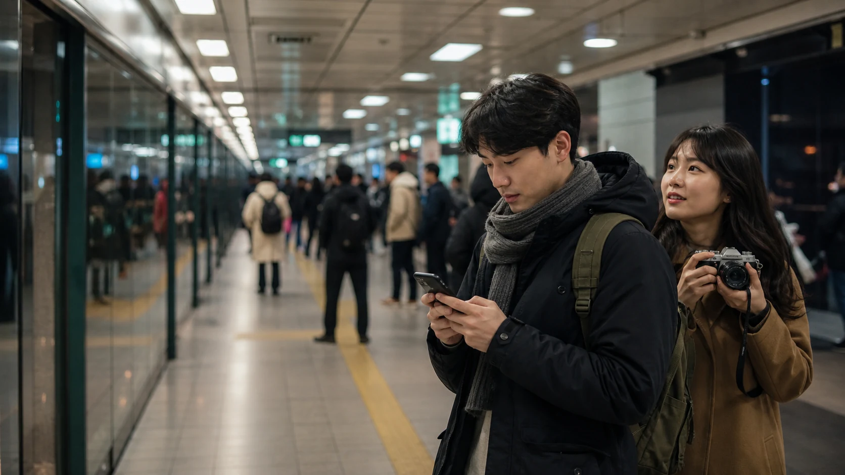 A traveler checking a phone in a Seoul subway station with companions behind them, showing a travel scenario with heavy data use