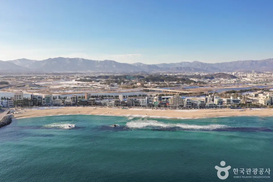 Aerial view of Anmok Beach and the Gangneung coast.