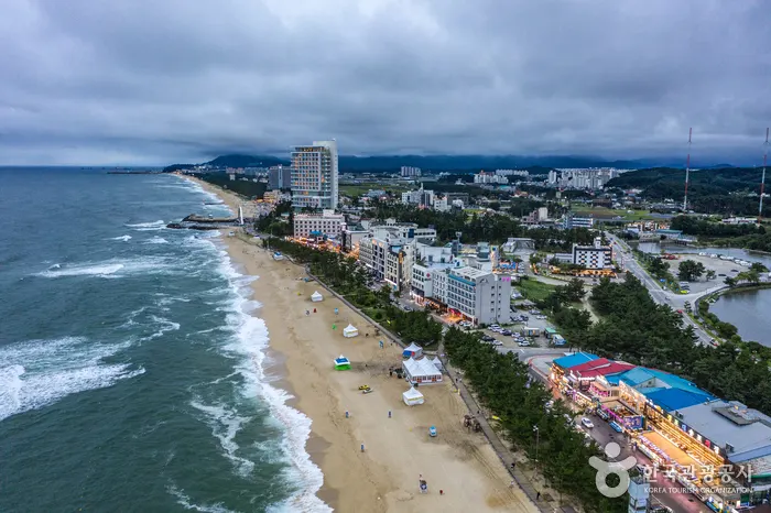 Aerial view of Gyeongpo Beach and the Gangneung shoreline