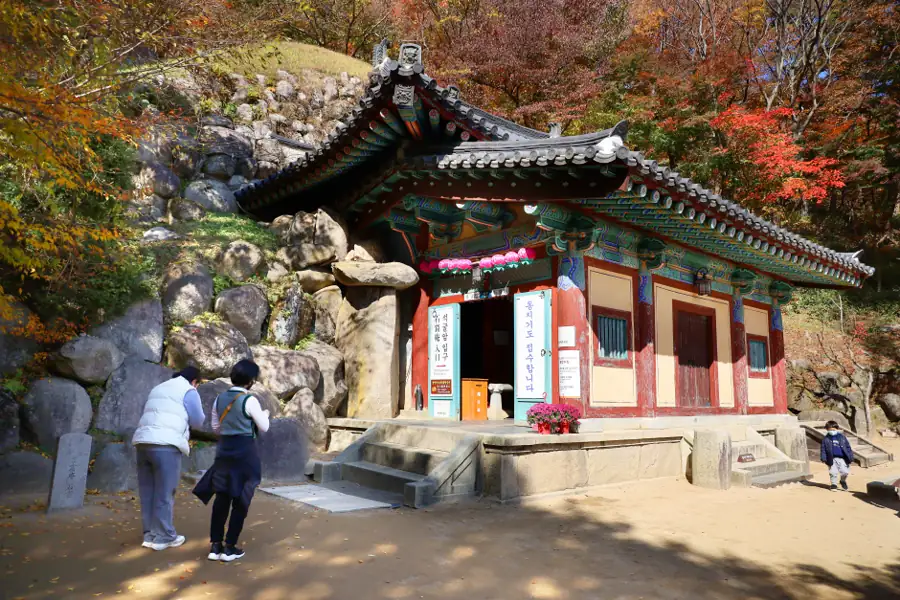 The painted visitor hall at Seokguram Grotto