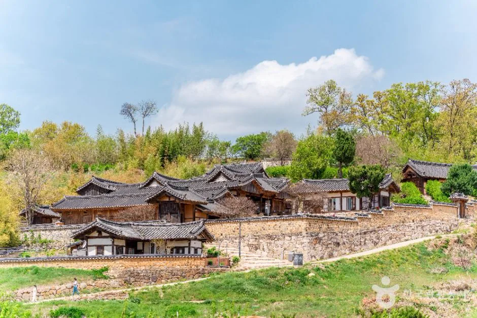 Traditional tiled and thatched houses across the hillside at Yangdong Village