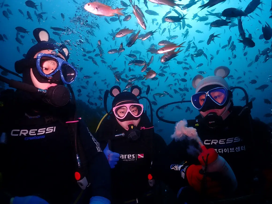Jeju divers surrounded by fish underwater