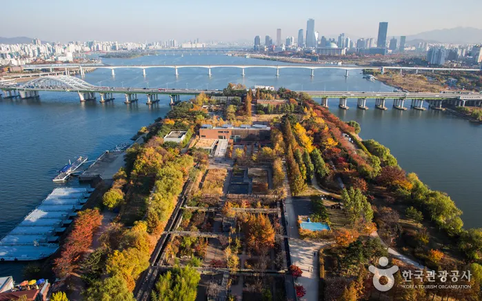 Aerial view of Seonyudo Park showing former waterworks basins, gardens and the surrounding Han River